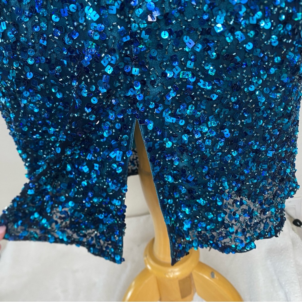 Vintage Women's Scala Blue Beaded Cap Sleeve Sheath Dress Size 14 Party Glam - Picture 10 of 16